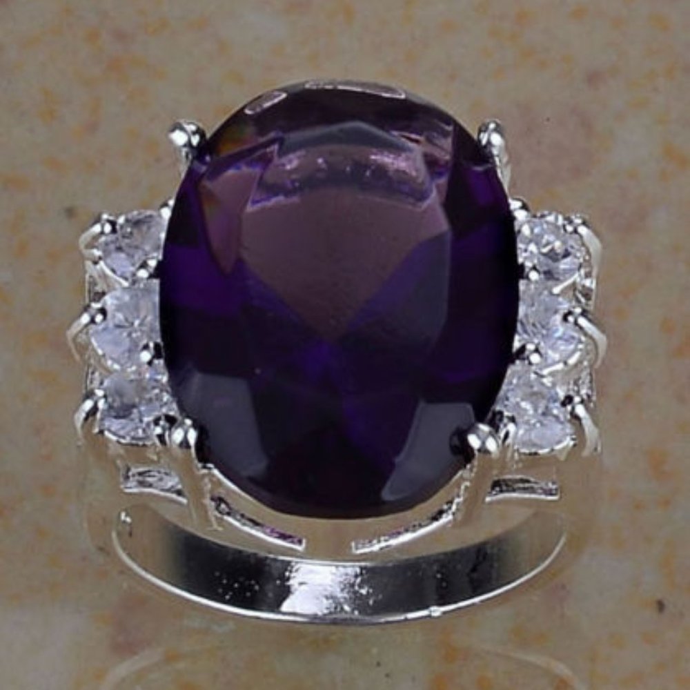 925 Silver Plated Amethyst Zircon White Topaz Ring